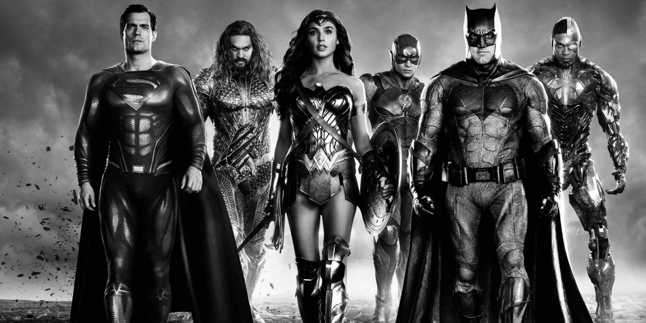 Zack Snyder's Justice League with Superman, Aquaman, Wonder Woman, the Flash, Batman, and Cyborg.