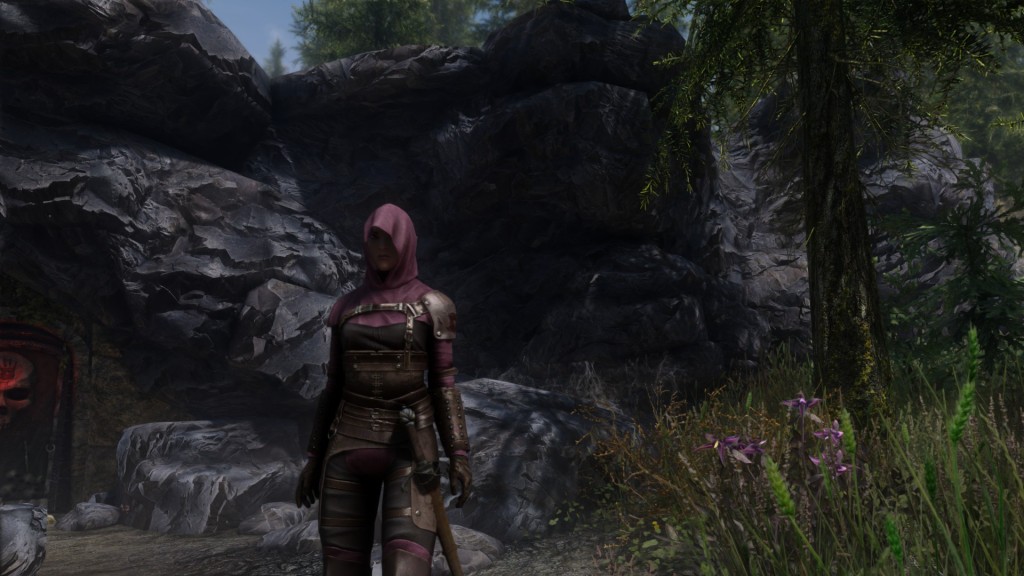 Skyrim: An assassin standing in front of the Dark Brotherhood sanctuary.