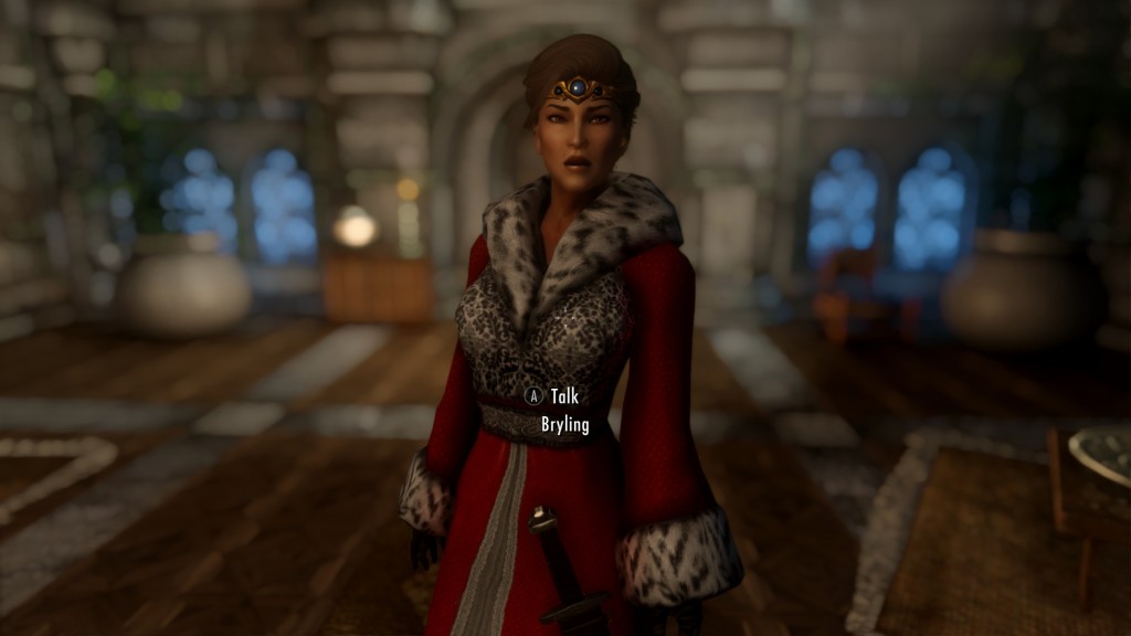 Skyrim: Thane Bryling in a winter red coat.
